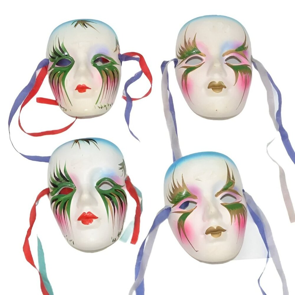 4 Vintage 80s Ceramic Clay Ribbon Orleans Mardi Gras Theater Painted Mini Masks